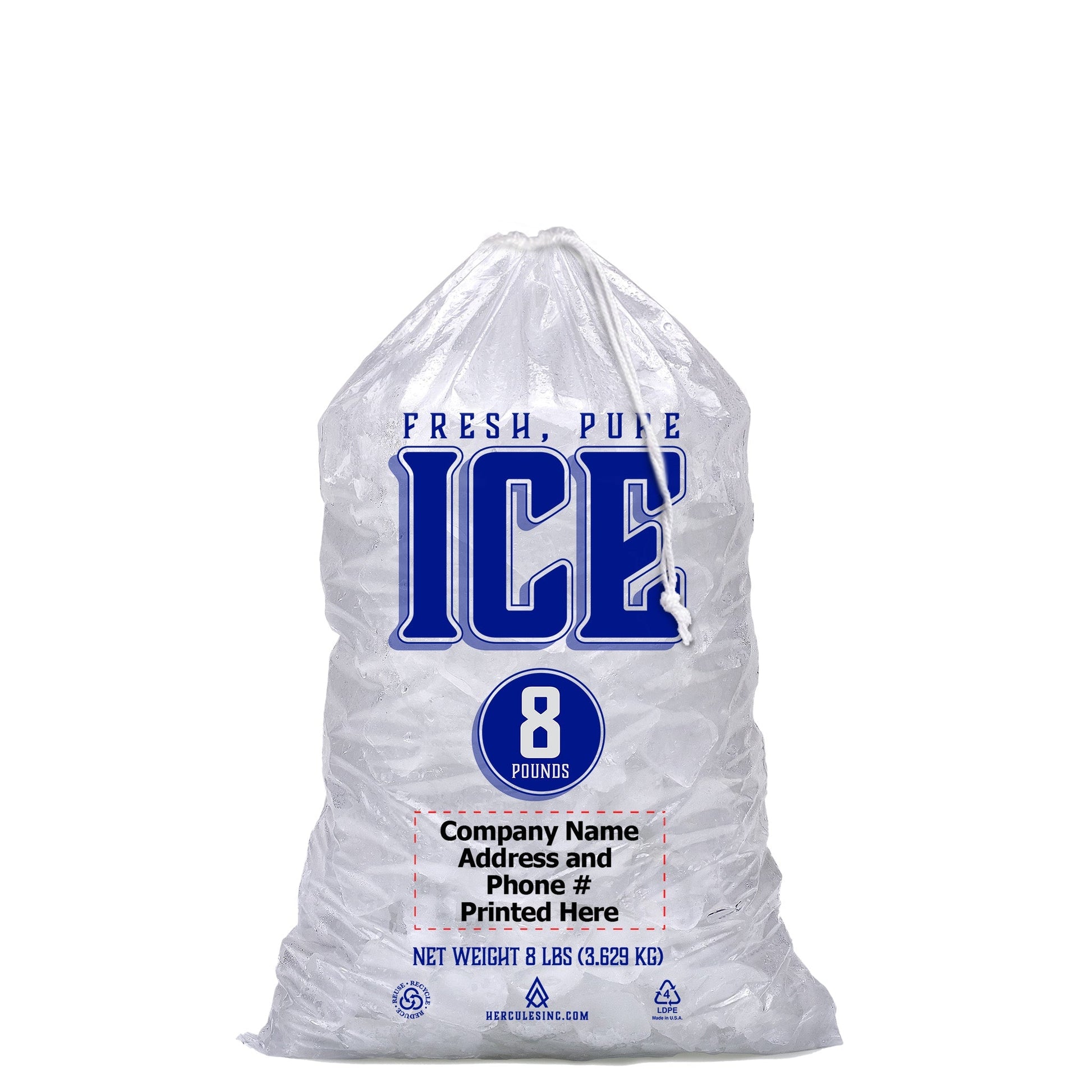 Custom Imprint 8# Drawstring Ice Bags - Fresh, Pure, Ice - 500/Case - Hercules Inc. Shop